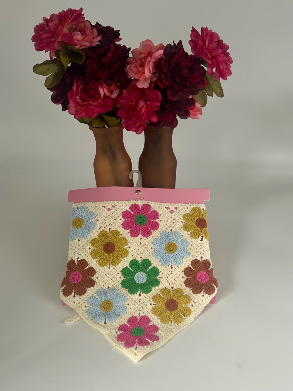 Cream Crochet Floral Hair Scarf with Pink, Green, Blue Flowers